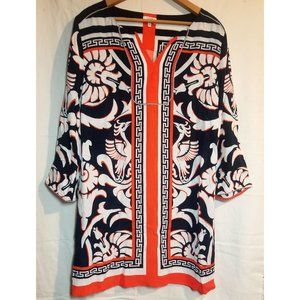 Crown & Ivy women's dress tunic piping trim around V-neck 3/4 sleeves bird print